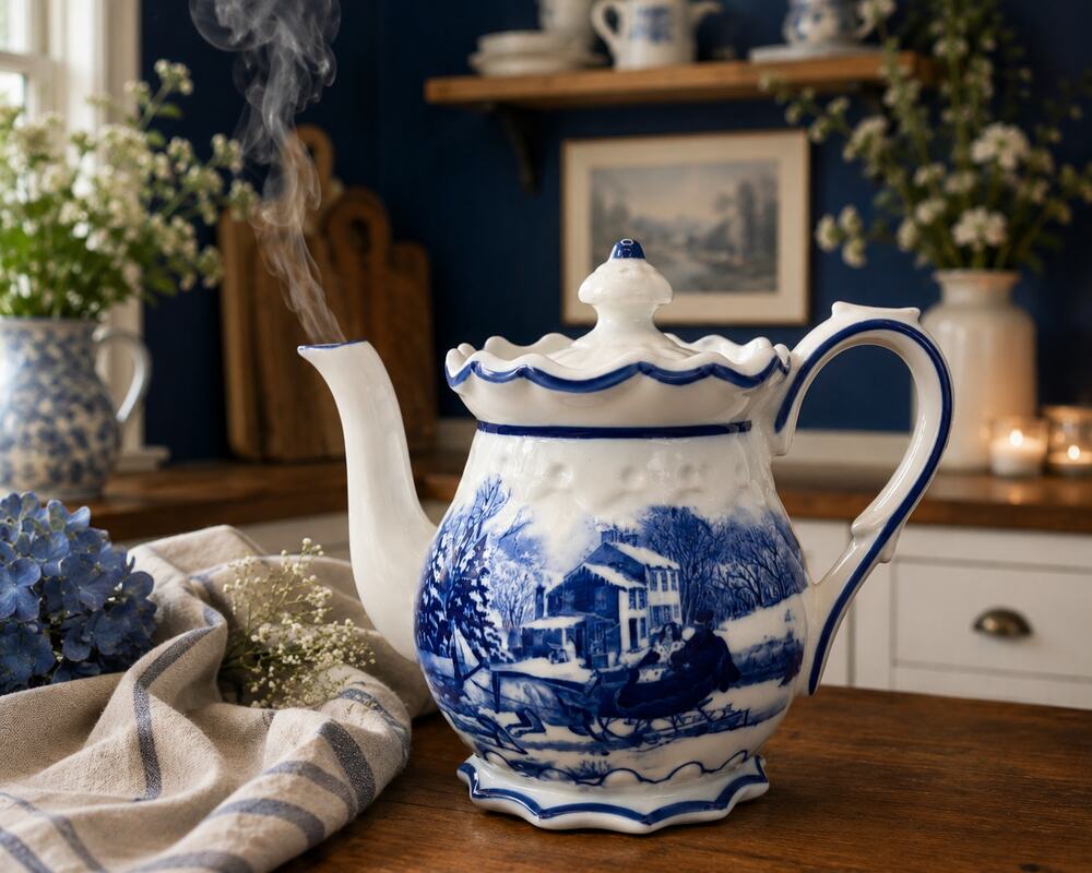 Vintage Blue White Scenic Teapot 40–48 oz Winter Cottage Tea Pot